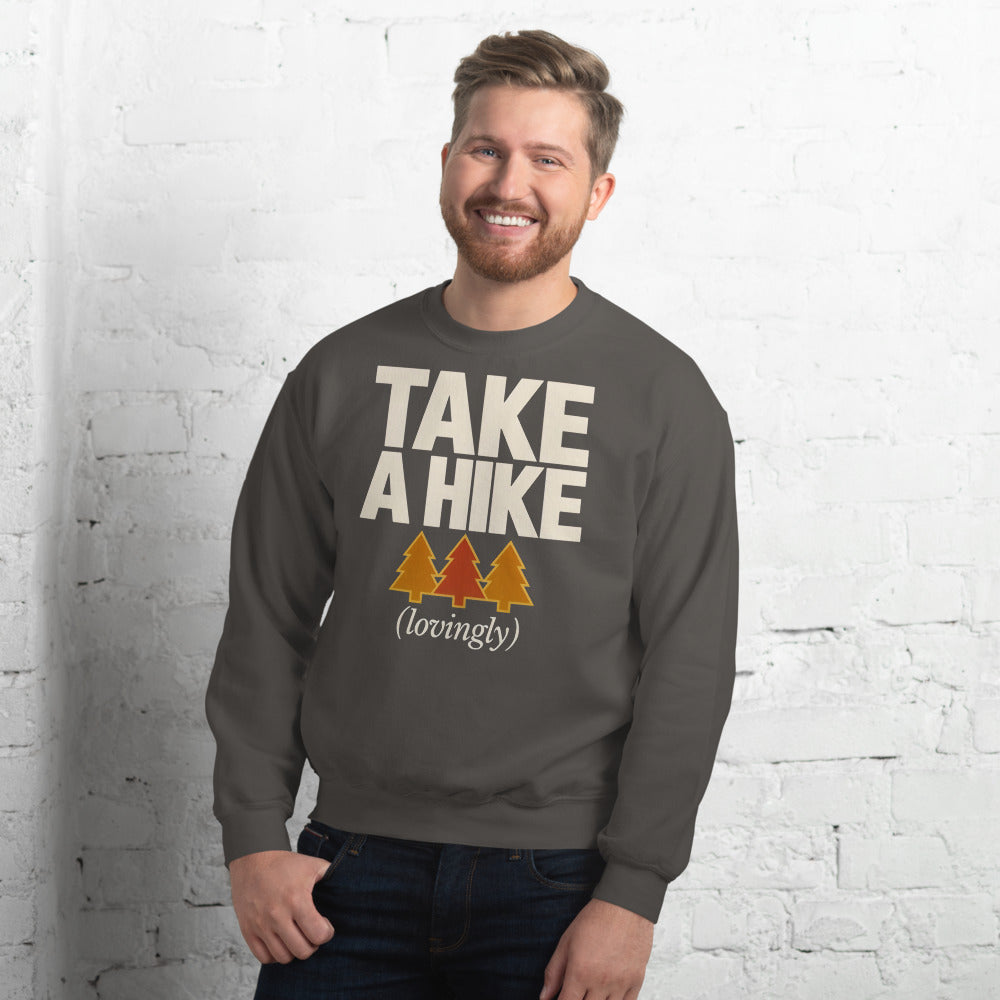 Take a Hike retro outdoors humor typography crewneck sweatshirt — Charcoal, on model