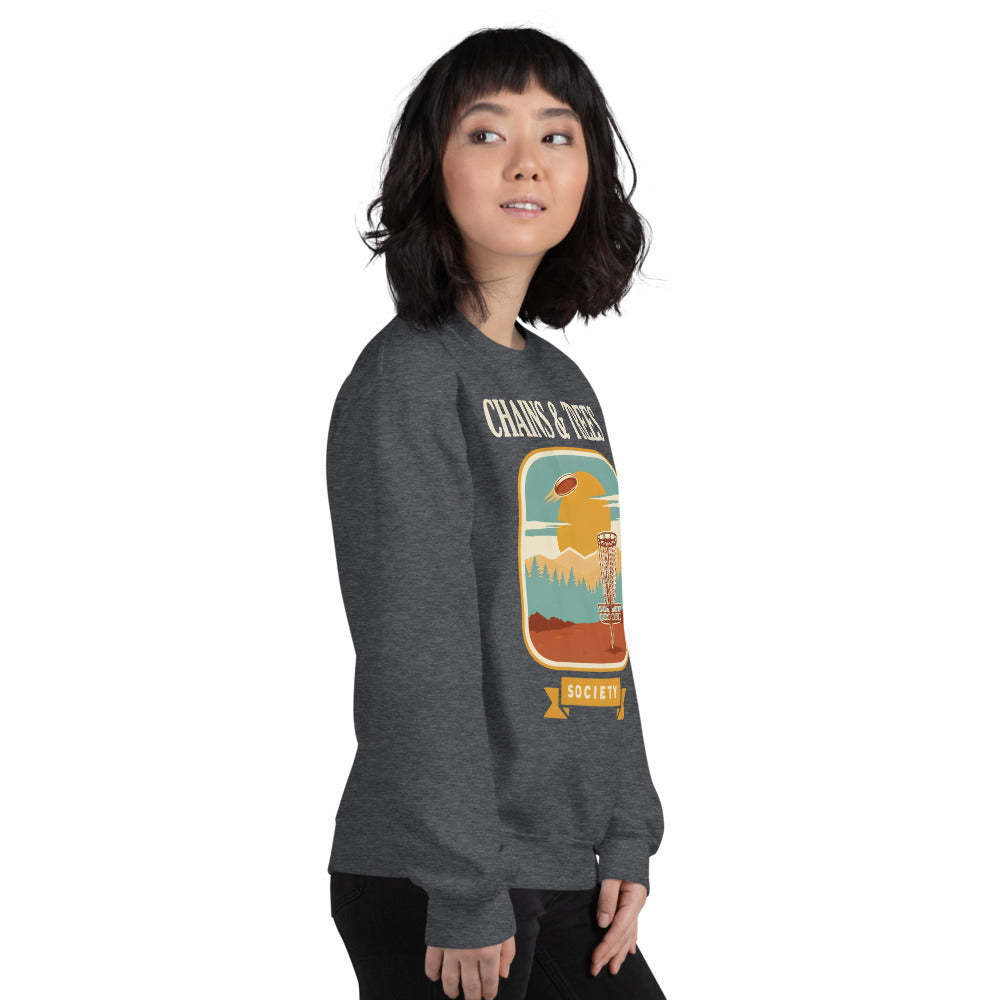 Chains & Trees Society disc golf retro landscape crewneck sweatshirt — Dark Heather, on model