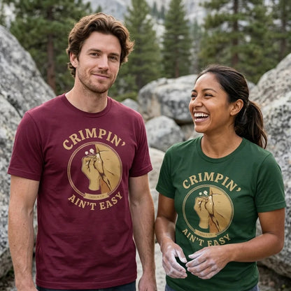 Crimpin' Ain't Easy bouldering badge t-shirt — lifestyle