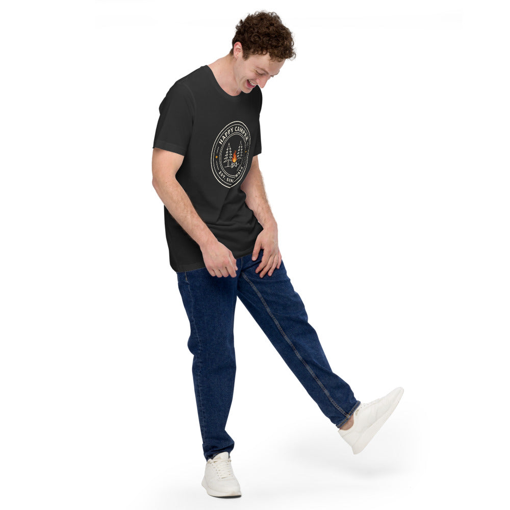 Happy Camper retro camp badge tee — Dark Grey, on model