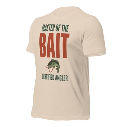 Master of the Bait retro fishing humor typography tee — Soft Cream, front-right