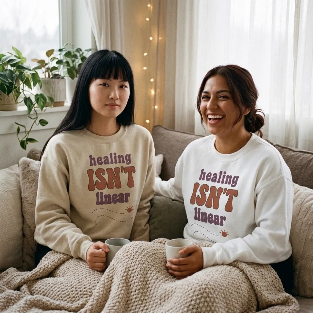 Two women relaxing in a cozy reading nook wearing Healing Isn't Linear soft retro mental health crewneck sweatshirts in Sand and White