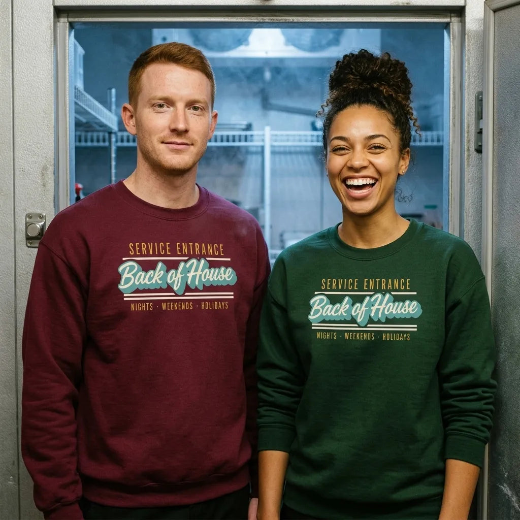 Back of House line cook retro diner service sign crewneck sweatshirt — lifestyle