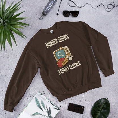 Murder Shows and Comfy Clothes cozy true crime crewneck sweatshirt — Dark Chocolate, front-right