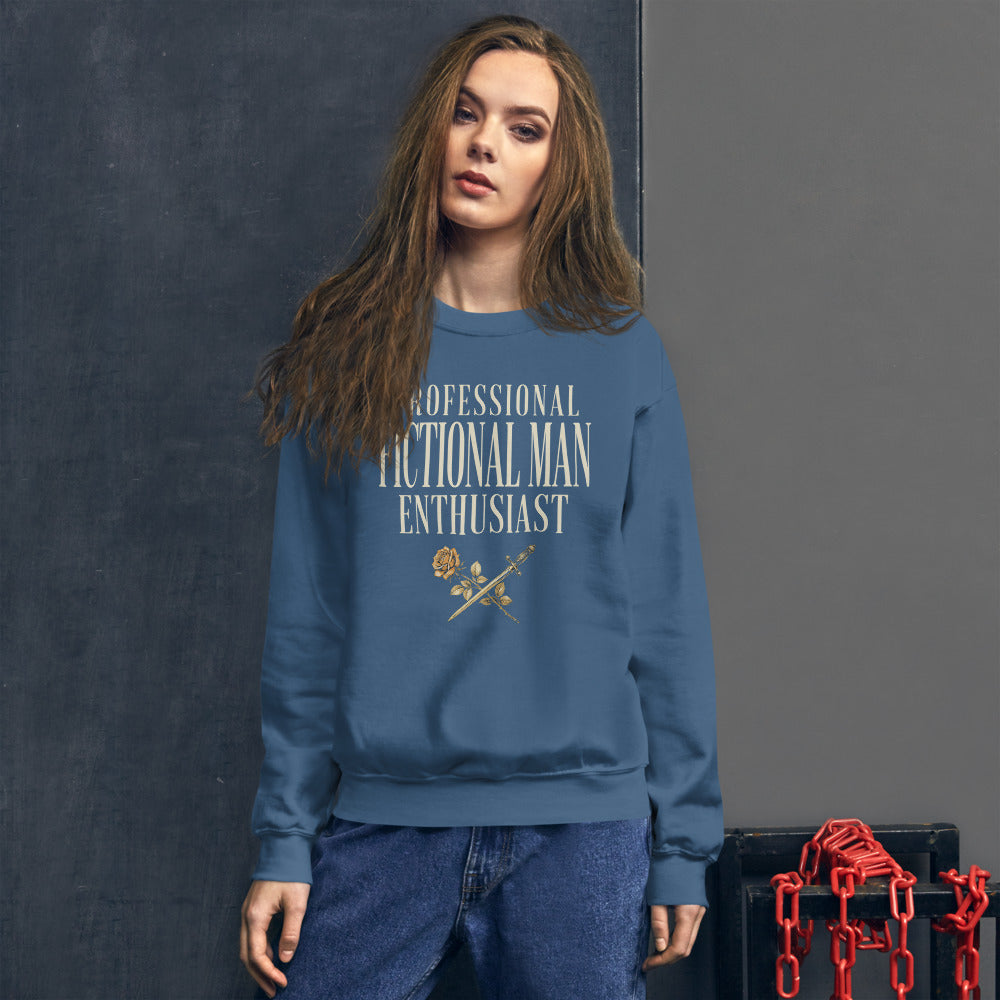 Professional Fictional Man Enthusiast book lover dark academia crewneck sweatshirt — Indigo Blue, worn by model