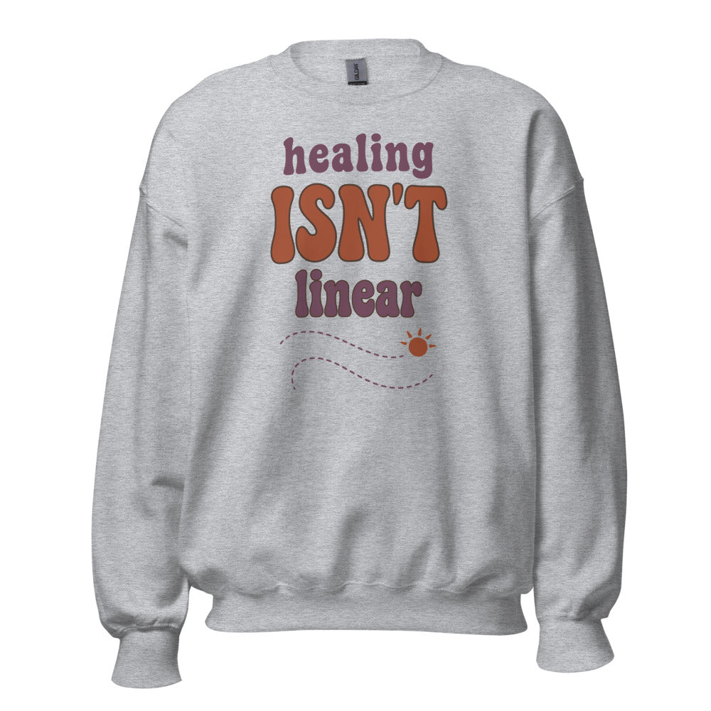 Healing Isn't Linear soft retro mental health crewneck sweatshirt — Sport Grey, front