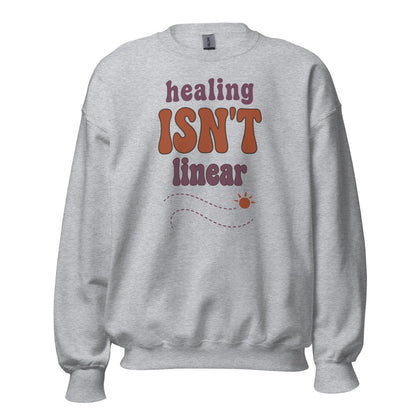 Healing Isn't Linear soft retro mental health crewneck sweatshirt — Sport Grey, front