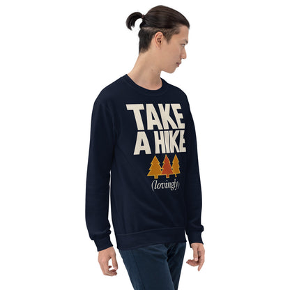 Take a Hike retro outdoors humor typography crewneck sweatshirt — Navy, on model