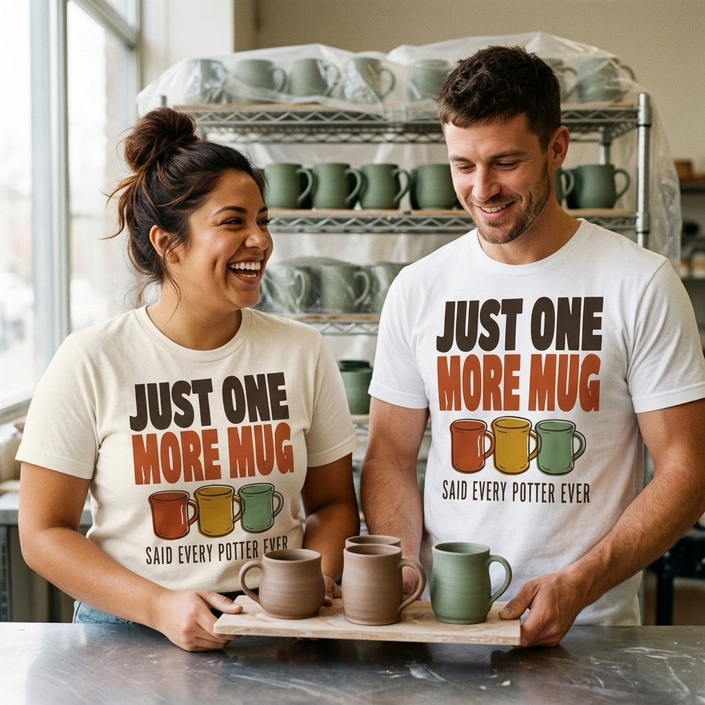 Just One More Mug funny pottery t-shirt — lifestyle