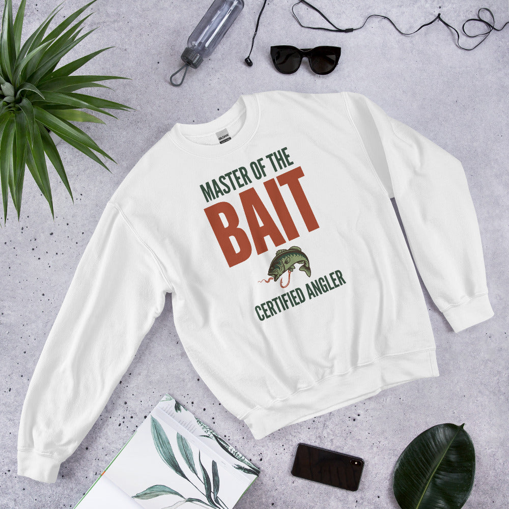 Master of the Bait retro fishing humor crewneck sweatshirt — White, flat front