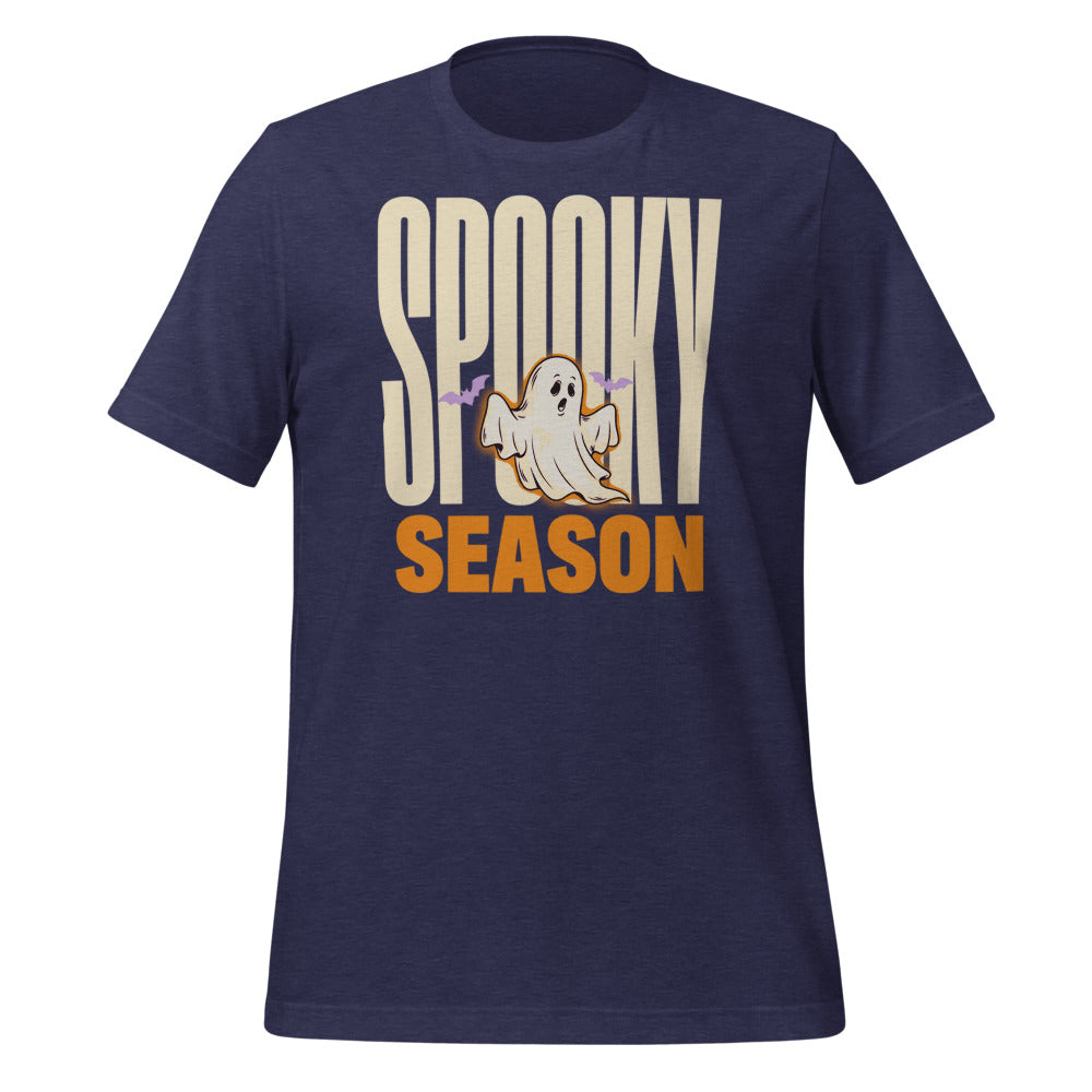 Spooky Season retro Halloween ghost typography tee — Heather Midnight Navy, front
