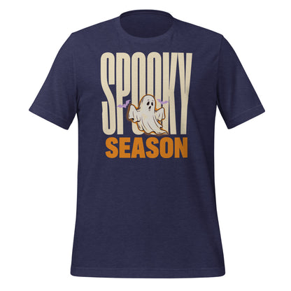 Spooky Season retro Halloween ghost typography tee — Heather Midnight Navy, front