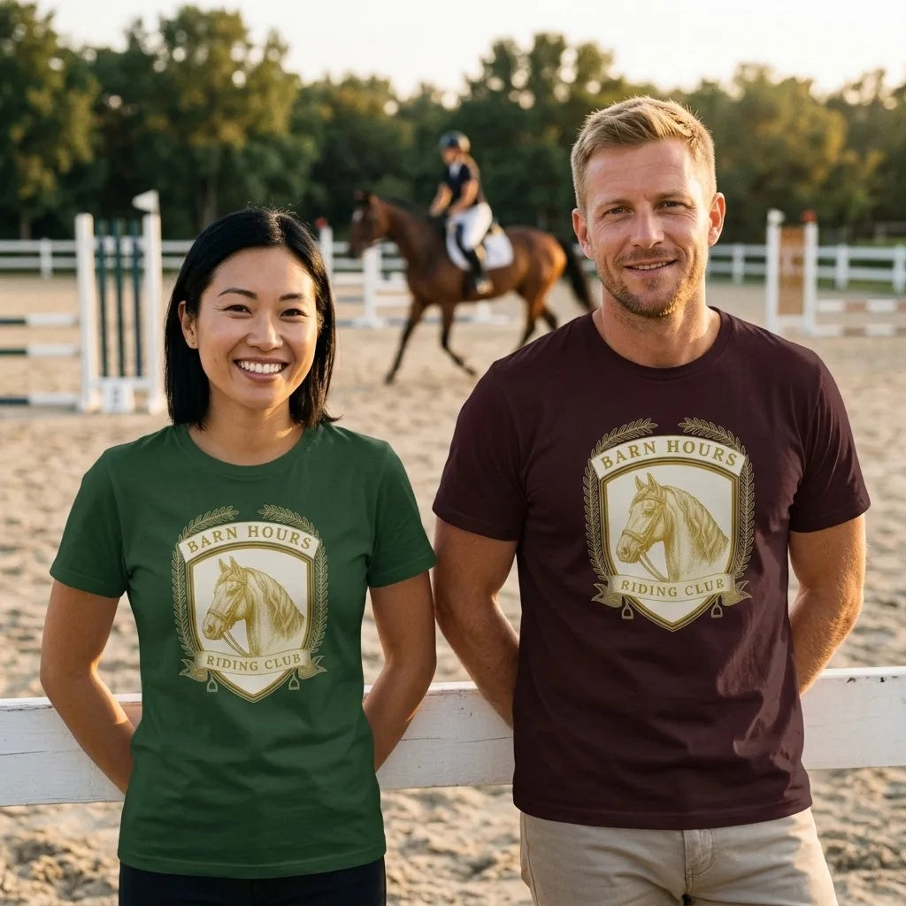Barn Hours Riding Club vintage equestrian stable crest t-shirt — lifestyle