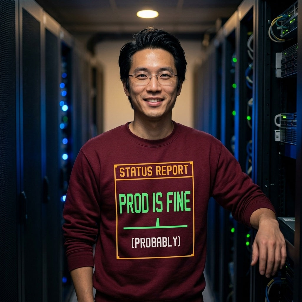 Prod Is Fine programmer crewneck — lifestyle