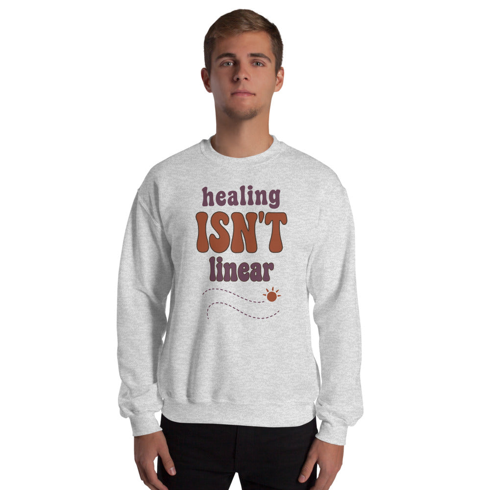 Healing Isn't Linear soft retro mental health crewneck sweatshirt — Ash, worn by model
