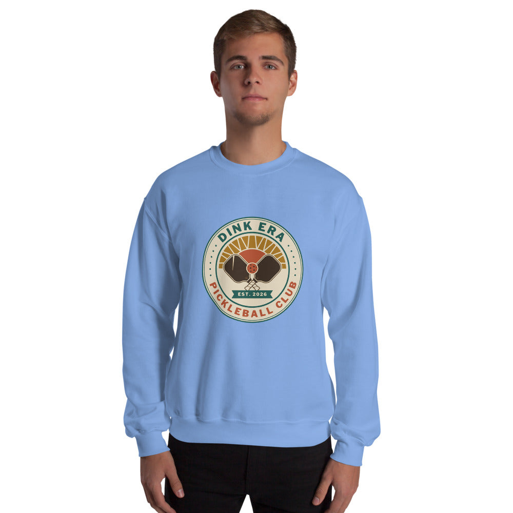 Dink Era Pickleball Club retro crewneck sweatshirt — Carolina Blue, on model