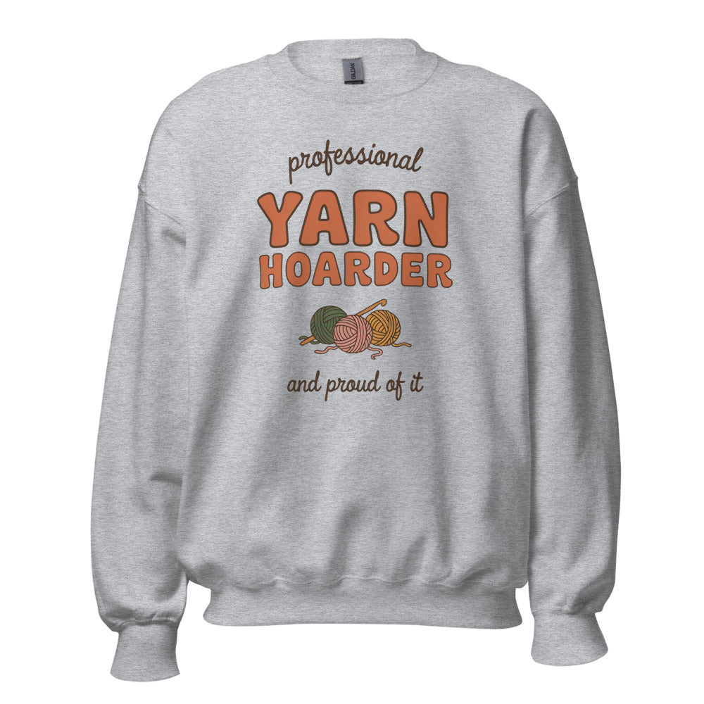 Professional Yarn Hoarder crochet cottagecore crewneck sweatshirt — Sport Grey, front