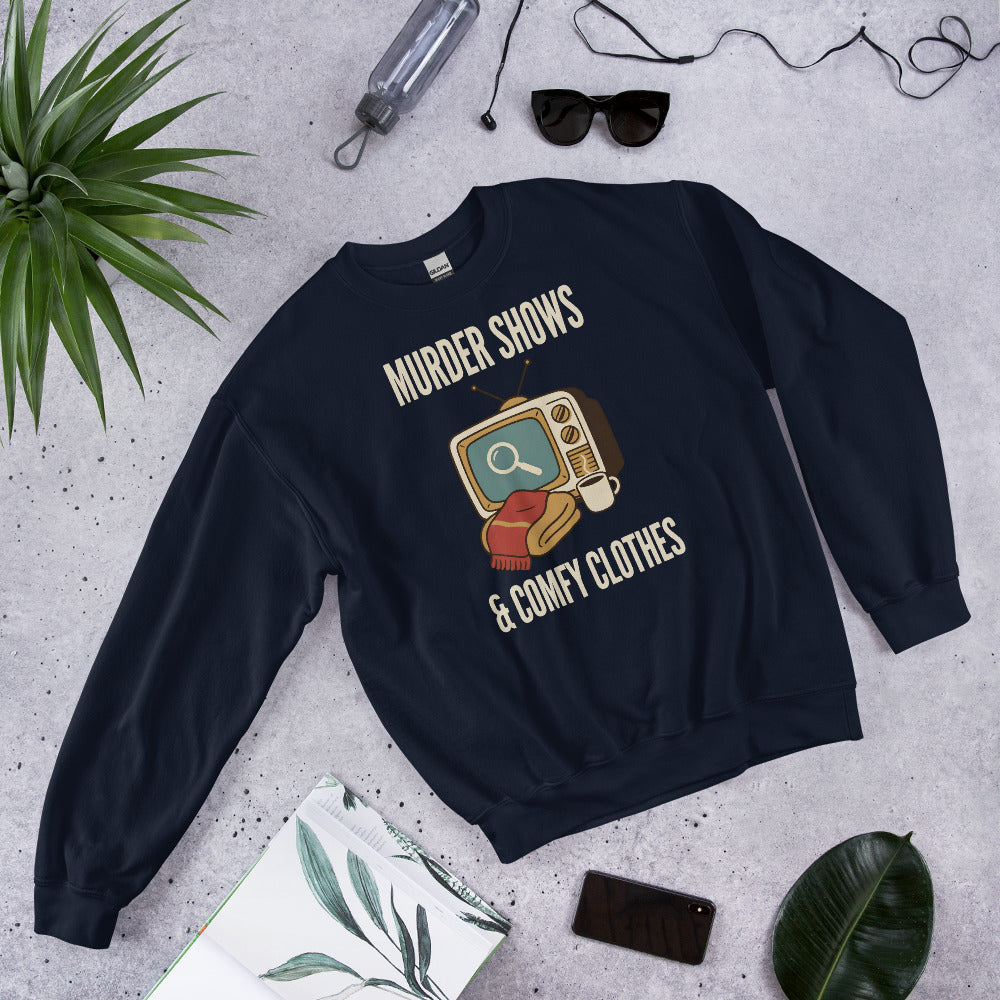 Murder Shows and Comfy Clothes cozy true crime crewneck sweatshirt — Navy, front-right