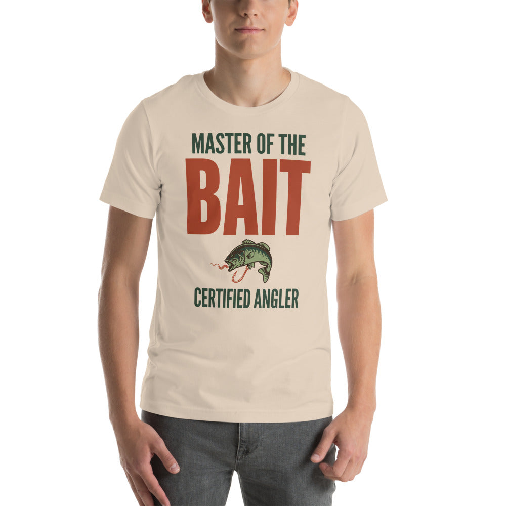 Master of the Bait retro fishing humor typography tee — Soft Cream, on model