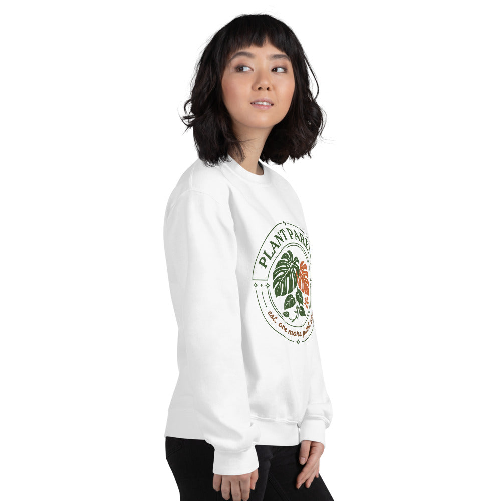 Plant Parent retro botanical badge crewneck sweatshirt — White, worn by model