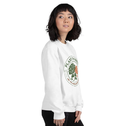 Plant Parent retro botanical badge crewneck sweatshirt — White, worn by model