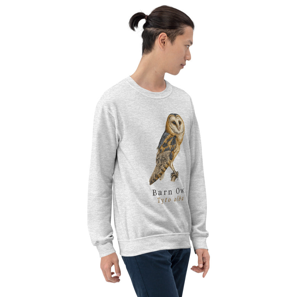 Barn Owl vintage field-guide crewneck sweatshirt — Ash, on model