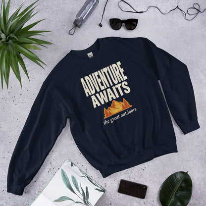 Adventure Awaits retro outdoors typography crewneck sweatshirt — Navy, front right