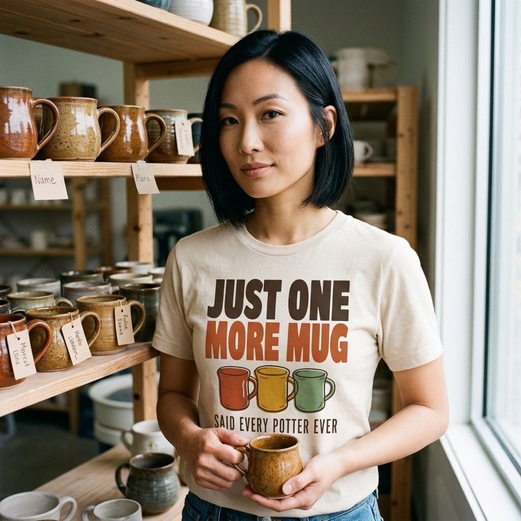 Just One More Mug funny pottery t-shirt — lifestyle