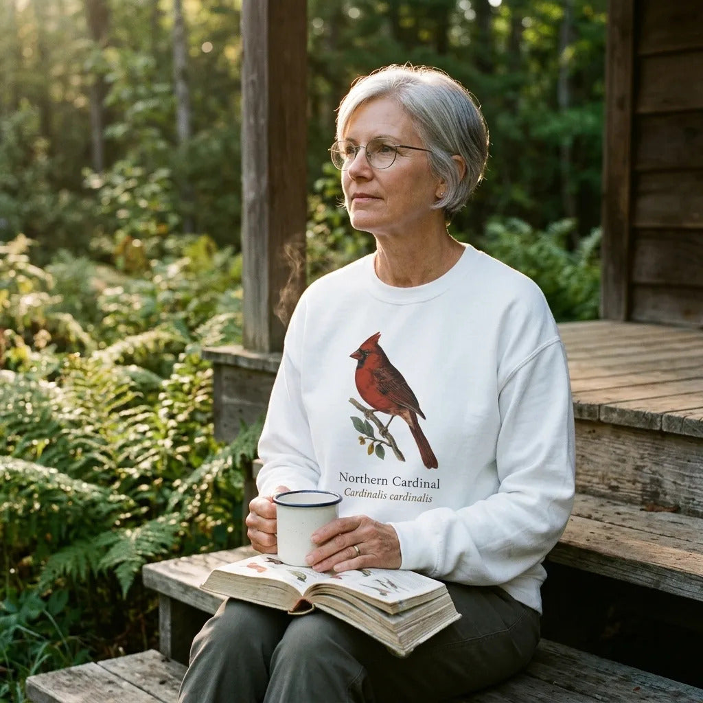 A birder on a woodland cabin porch at first light, wearing the Northern Cardinal vintage field-guide crewneck sweatshirt in White