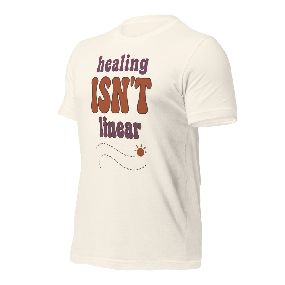 Healing Isn't Linear soft retro mental health tee — Vintage White, front right