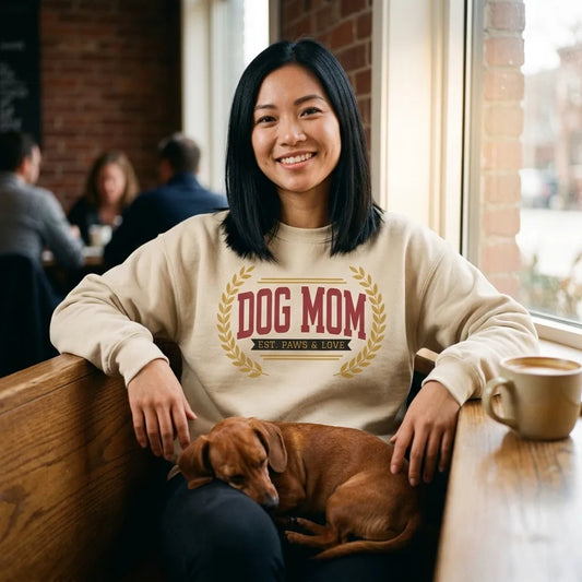 Dog Mom vintage varsity wordmark crewneck sweatshirt — lifestyle