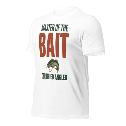 Master of the Bait retro fishing humor typography tee — White, front-right