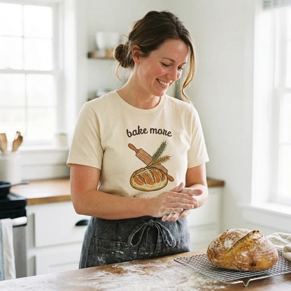 Home baker in a bright farmhouse kitchen wearing the Bake More Worry Less sourdough tee