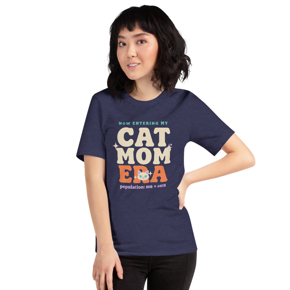 Cat Mom Era retro Y2K tee on model — Heather Midnight Navy