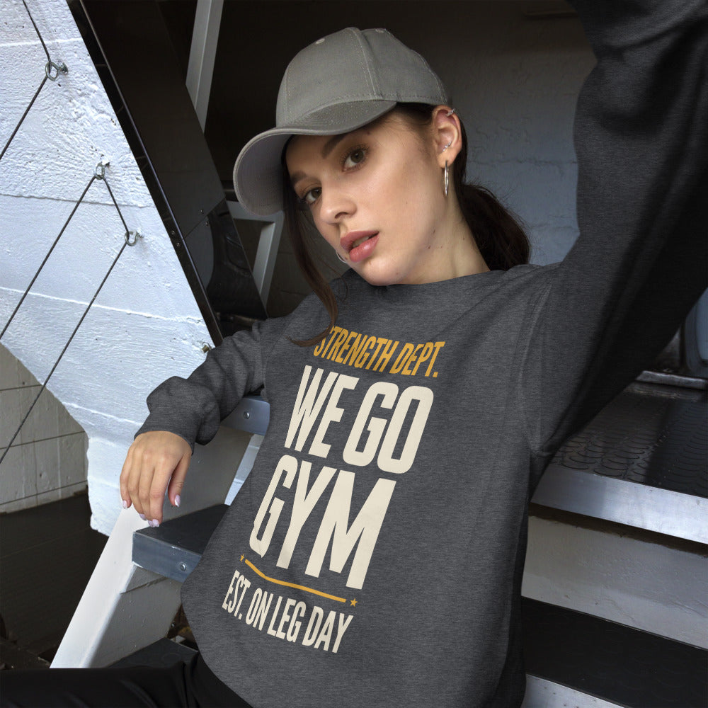 We Go Gym vintage athletic crewneck — Dark Heather, model