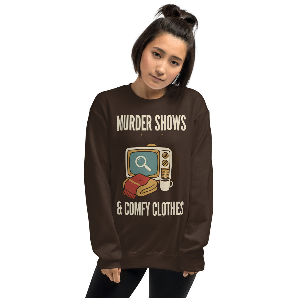 Murder Shows and Comfy Clothes cozy true crime crewneck sweatshirt — Dark Chocolate, on model