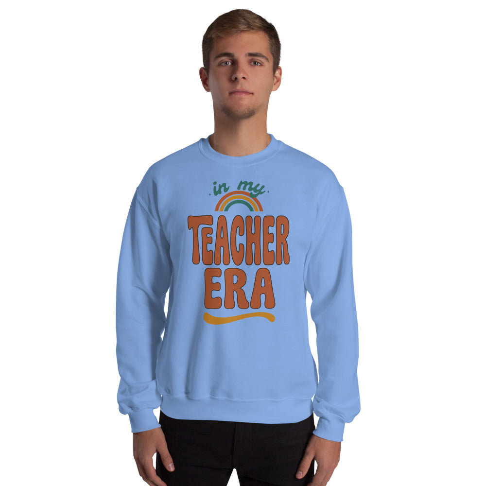 In My Teacher Era retro groovy teacher crewneck sweatshirt — Carolina Blue, on model