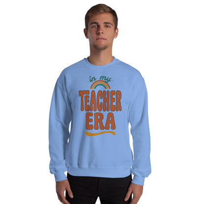 In My Teacher Era retro groovy teacher crewneck sweatshirt — Carolina Blue, on model