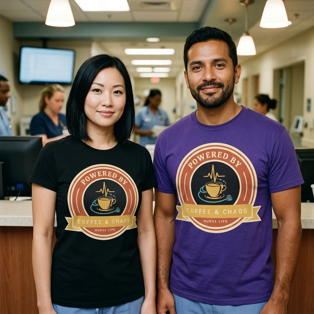 Powered by Coffee & Chaos retro nurse badge tee — lifestyle