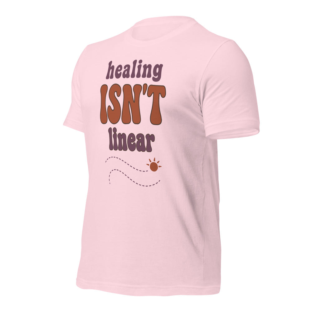 Healing Isn't Linear soft retro mental health tee — Soft Pink, front right