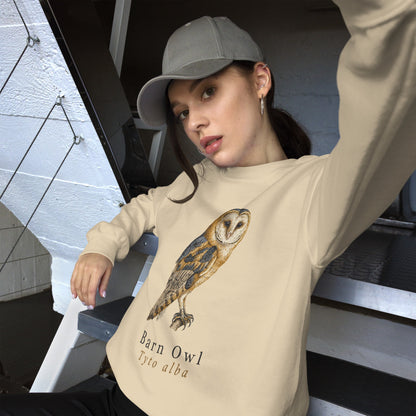 Barn Owl vintage field-guide crewneck sweatshirt — Sand, on model