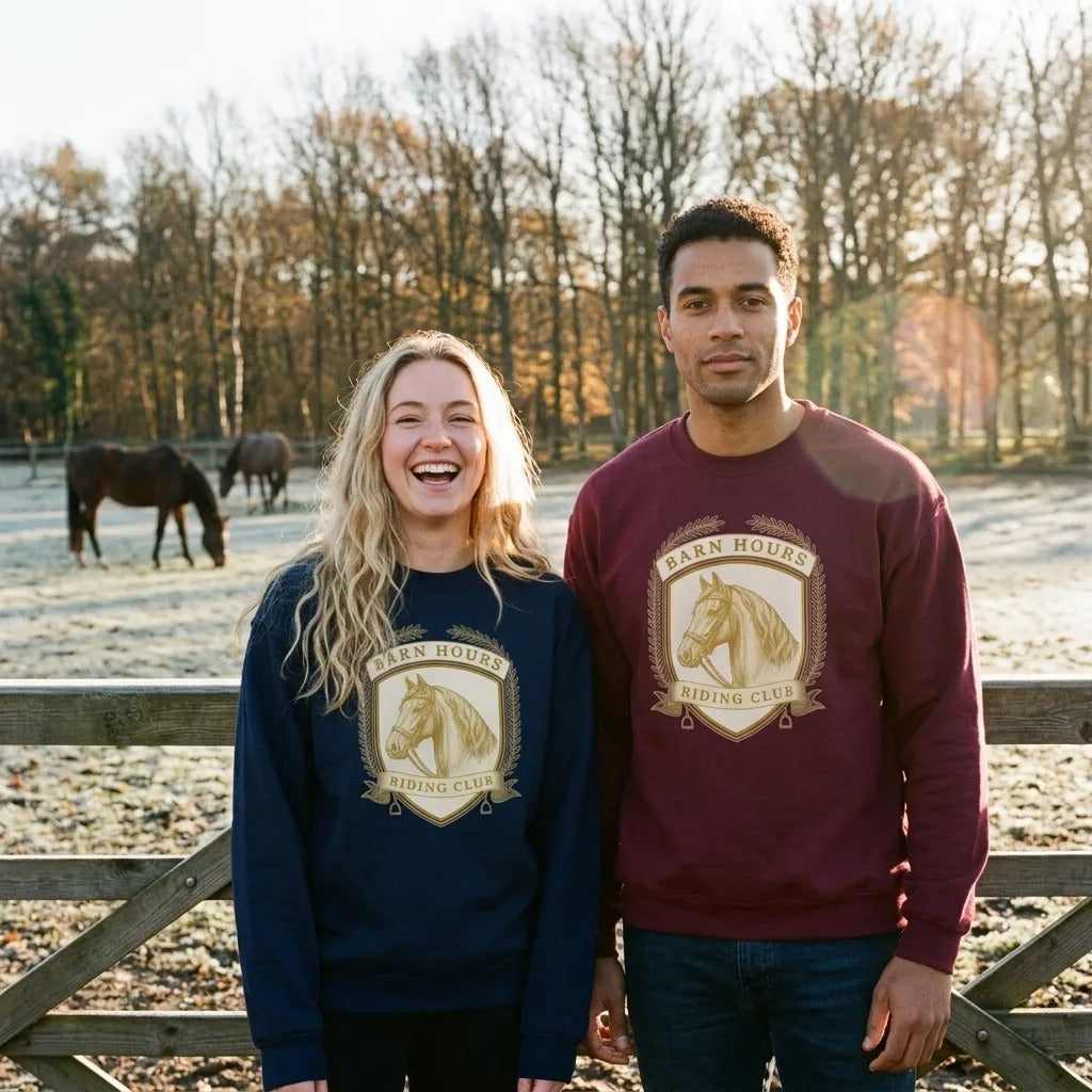 Barn Hours Riding Club vintage equestrian stable crest crewneck sweatshirt — lifestyle