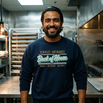 Back of House line cook retro diner service sign crewneck sweatshirt — lifestyle