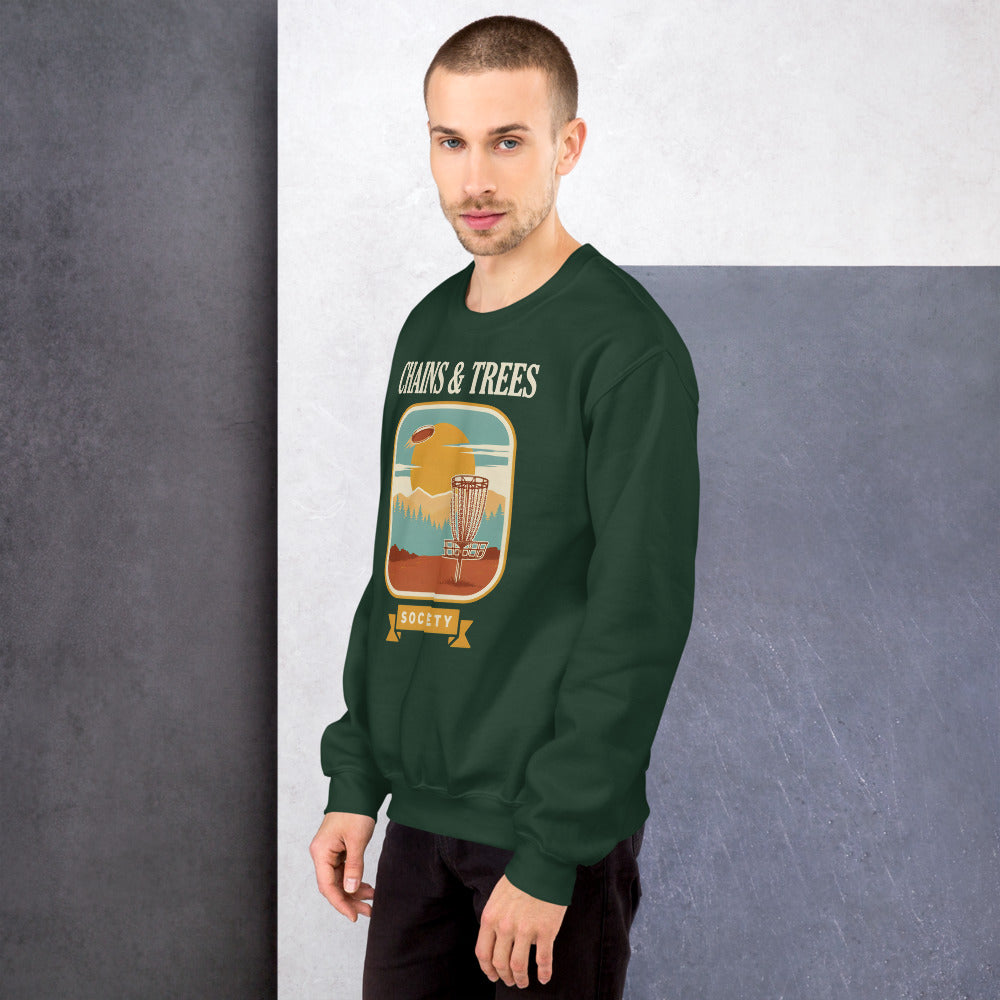 Chains & Trees Society disc golf retro landscape crewneck sweatshirt — Forest Green, on model