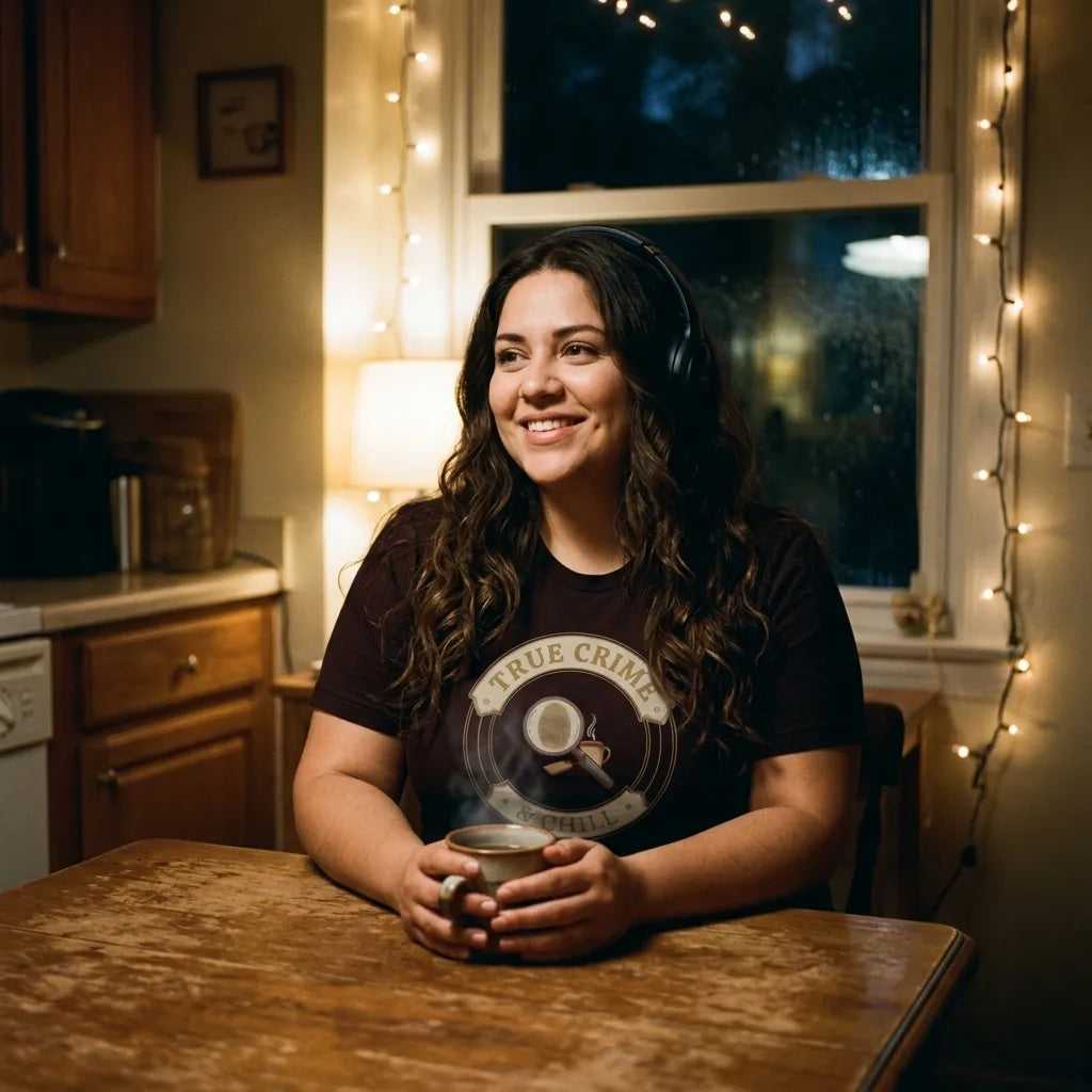 True Crime and Chill true crime fan tee — woman in a cozy kitchen tea nook with headphones and tea, Oxblood Black