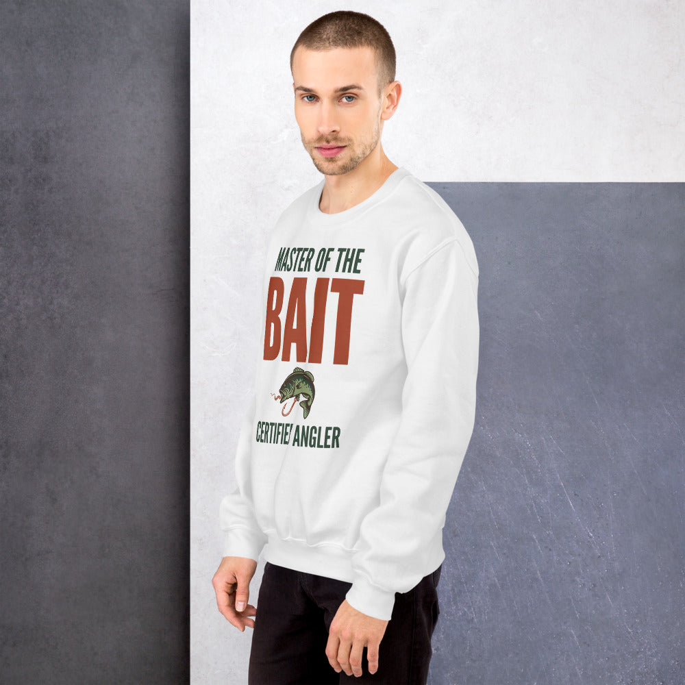 Model wearing Master of the Bait retro fishing humor crewneck sweatshirt — White