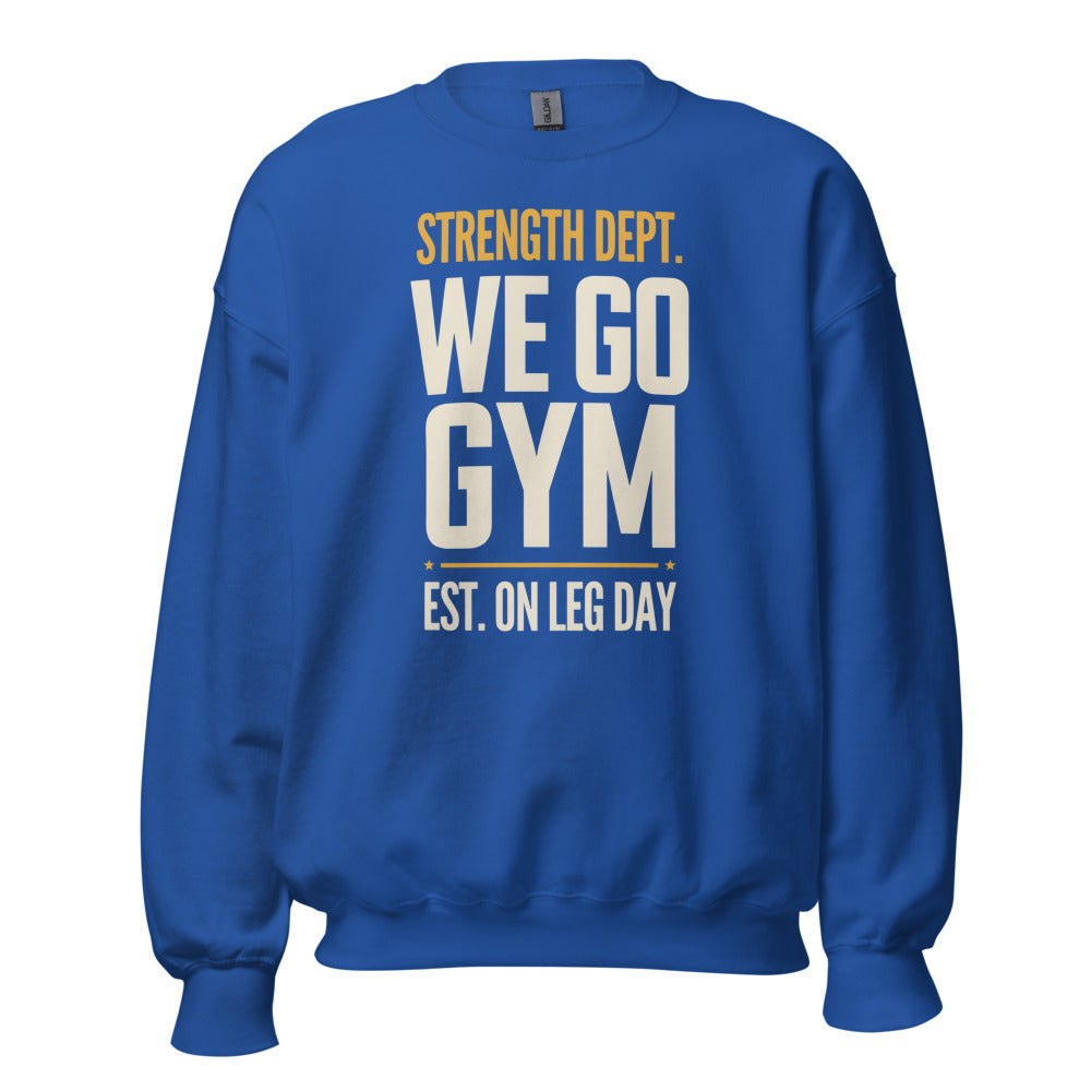 We Go Gym vintage athletic crewneck — Royal, front