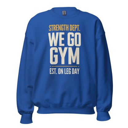 We Go Gym vintage athletic crewneck — Royal, front