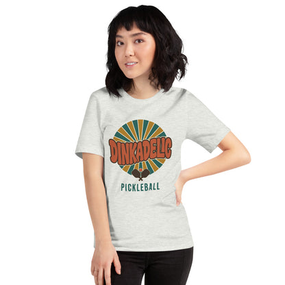 Dinkadelic retro 70s pickleball tee — Ash, on model