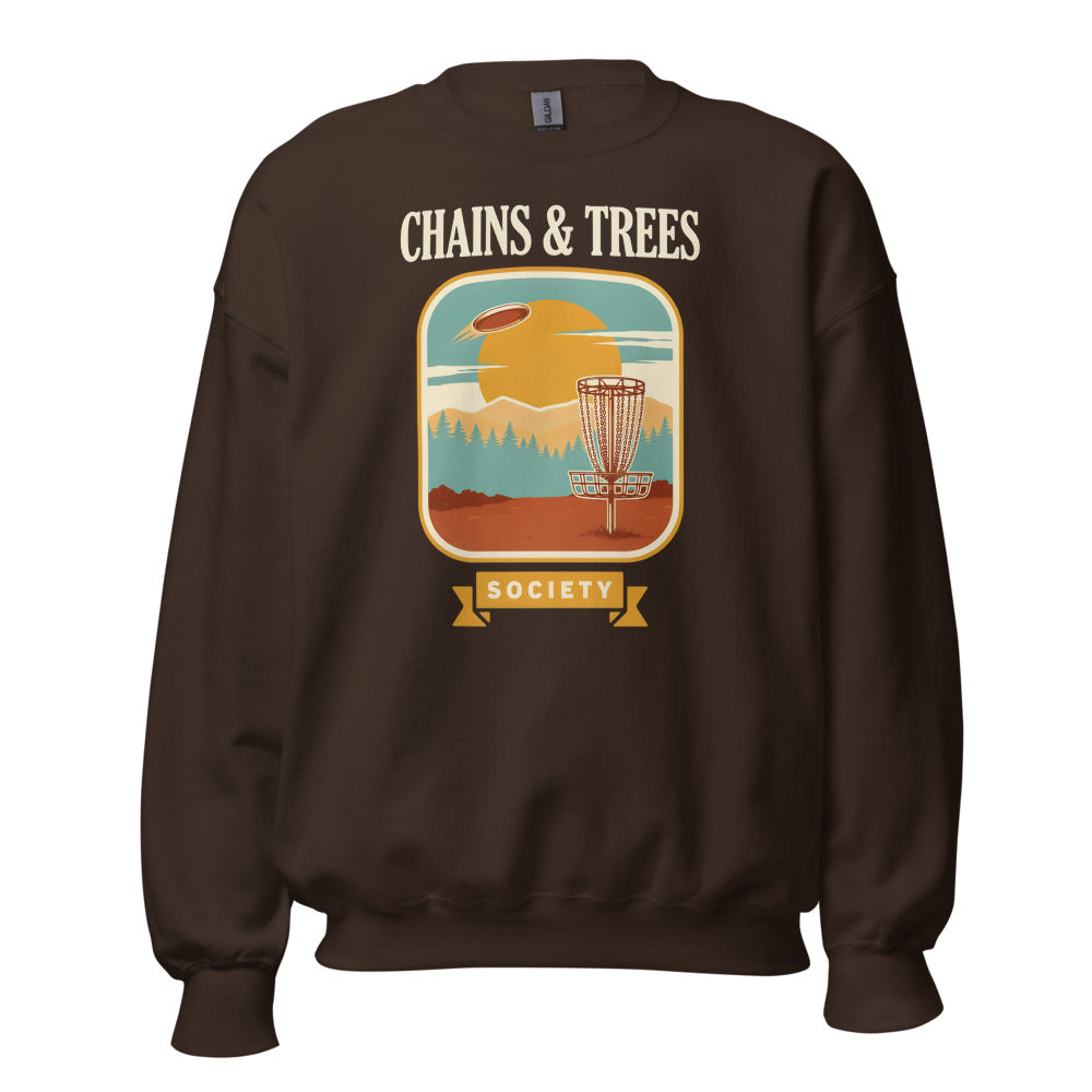 Chains & Trees Society disc golf retro landscape crewneck sweatshirt — Dark Chocolate, front
